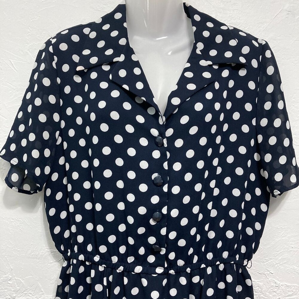 VINTAGE Brown Stone Studio Midi Dress Button Front Blue Polka Dot Cottage Sheer - Picture 3 of 13